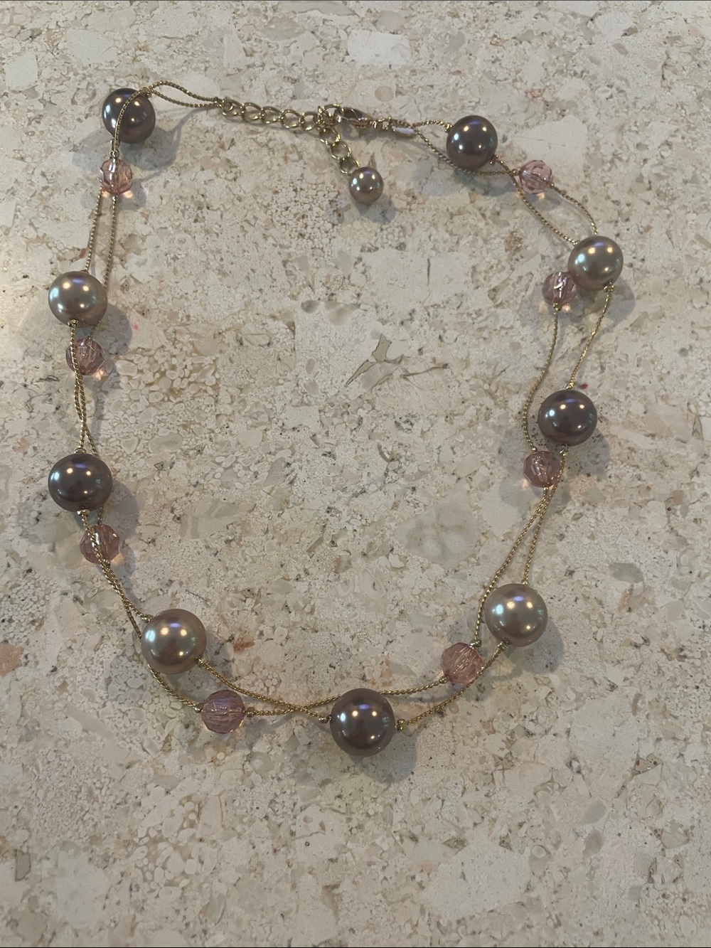 Gold Chain Necklace with Pink Pearls and Beads